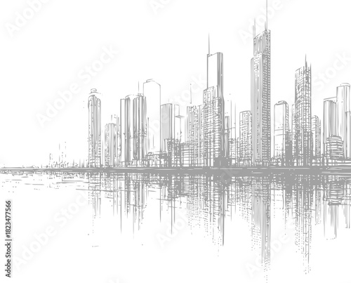 Elegant Cityscape Sketch with Water Reflection Showcasing Architectural Details and Urban Design