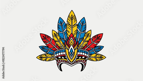 An intricate flat design illustration of a vibrant Junkanoo costume headpiece, adorned with stylized feathers and geometric patterns. This 2D vector highlights the detailed artistry 
