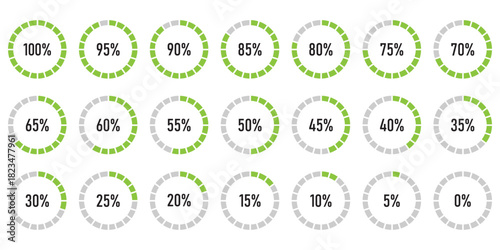 Set of semicircle percentage progress bar diagrams meters from 0 to 100 ready-to-use for web design, user interface UI or infographic - indicator with green