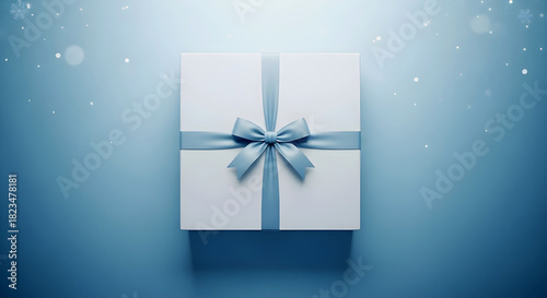 White Gift Box with Light Blue Ribbon on Gradient Blue Background