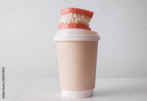 Disposable coffee cup with denture model on white background