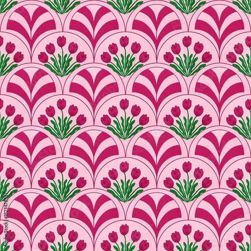 Seamless pattern of tulip flowers with scallop pattern.Elegant and feminine floral pattern for art decoration, wallpaper, textiles, and wrapping paper.
