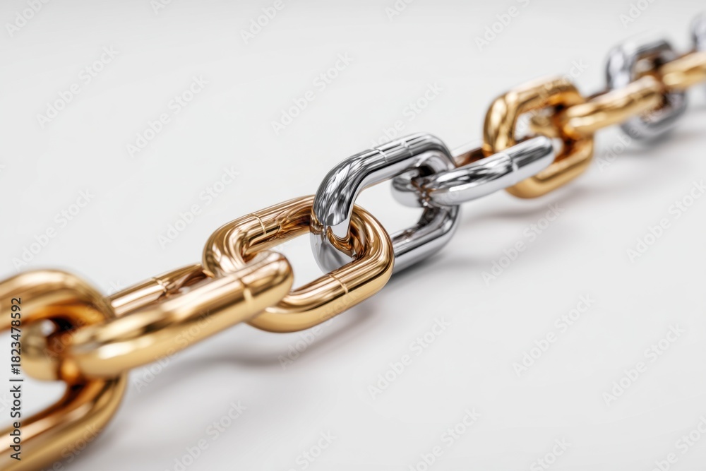 Fototapeta premium Interconnected chain links representing the concept of blockchain technology in a close-up view, showcasing metallic textures and the idea of digital security