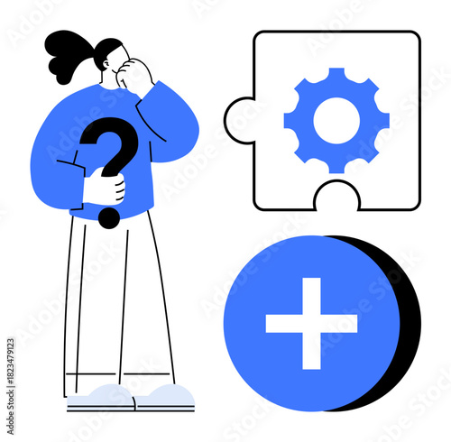 Problem-solving concept. A person with a question mark and symbols including a puzzle piece and plus sign. Problem-solving aids teamwork, innovation, learning, strategic planning, and critical