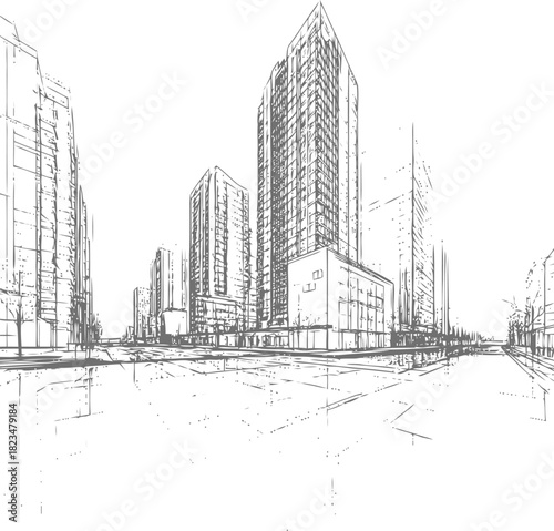 Architectural sketch: Urban cityscape perspective with modern high-rise buildings