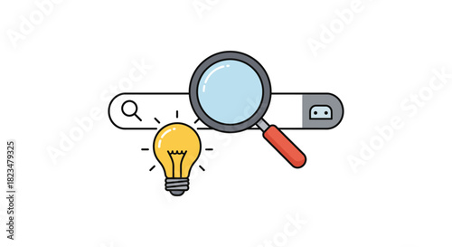 search for ideas a concept of innovation featuring a magnifying glass over a lightbulb within a search bar for creative solution marketing