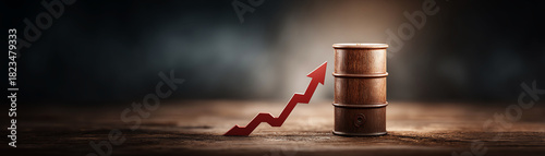 Conceptual oil barrel with red upward arrow graph showing price increase. dramatic look at market finance, high fuel cost and economy crisis