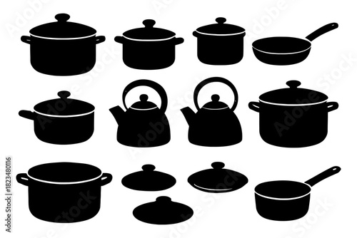 Silhouette collection of kitchen pots, pans, and kettles.