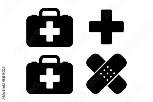 Medical symbols: first aid kit, cross, bandages icons.