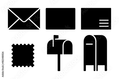 Silhouette icons of postal mail, boxes, stamps, and mailboxes.