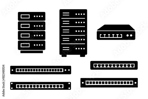 Network equipment icons: servers, routers, and switches silhouettes.