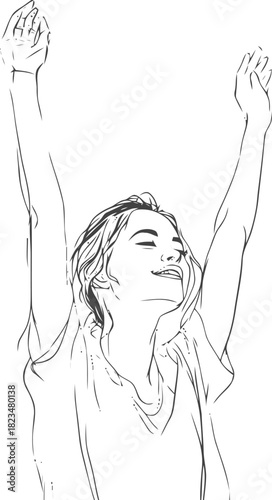 Sketch of a joyful woman raising her arms in celebration and feeling freedom enjoying a moment of