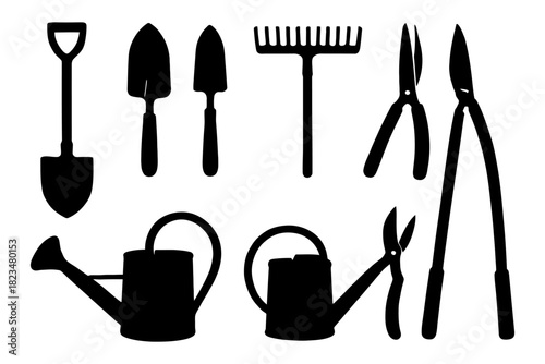 Silhouette of various garden tools including shovel, trowel, rake, and pruners.