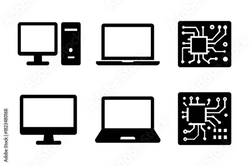 Silhouette icons of computers and circuit boards.