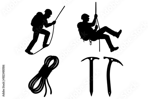 Silhouette of climbers and equipment: ice axes, rope, outdoor adventure.