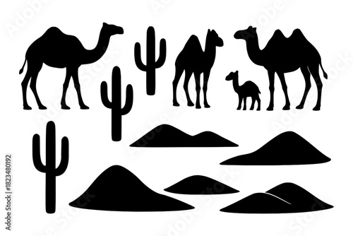 Silhouettes of camels and cacti in desert landscape.