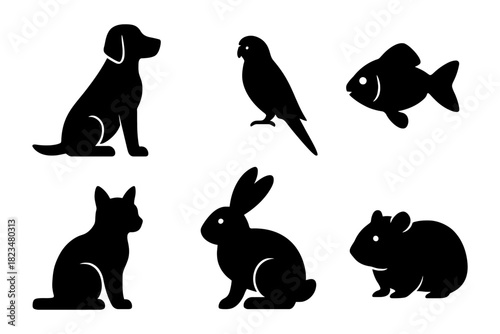 Silhouette icons of common pets: dog, cat, rabbit, fish, bird, hamster.
