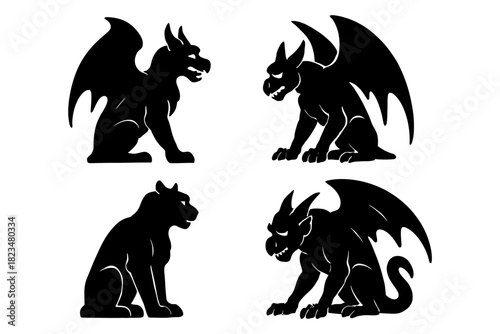 Silhouette gargoyle designs: fierce winged creatures in mythical poses.
