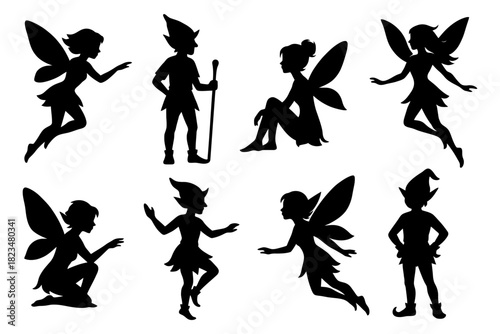 Silhouette fantasy: fairy and elf figures in various poses.