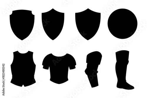 Iconic family and security silhouettes with shields.