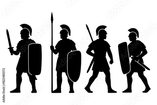 Silhouettes of roman soldiers with weapons and shields in various poses.