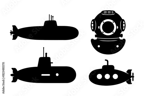 Set of submarine and diving helmet silhouettes in black and white.