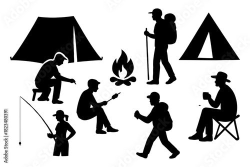 Outdoor activities silhouette: camping, hiking, fishing, and campfire.