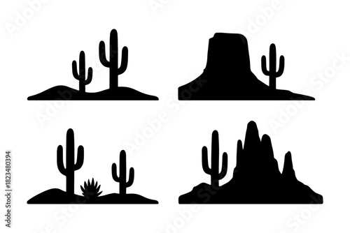 Desert silhouettes with cacti and mesas in simple black icons.