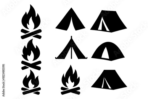 Camping icons set: tents and bonfires in black silhouettes.