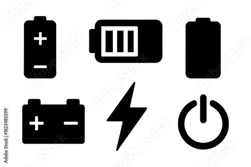 Set of battery icons including charging, low battery, and power symbols.