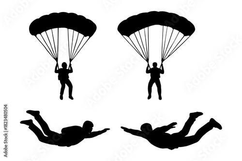 Silhouette of parachuting and skydiving figures.