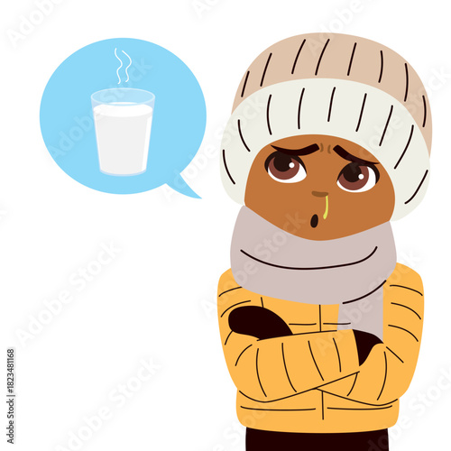 Cartoon vector illustration of a boy trembling from cold and wanting to drink a warm glass of hot milk isolated on white background. Clip art for winter health topics and childhood wellness