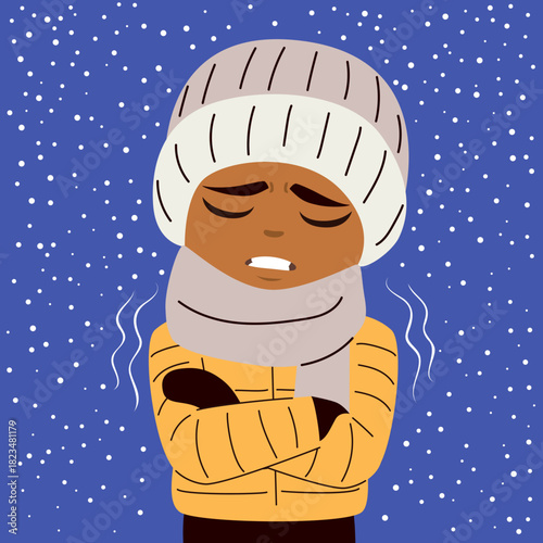 Cartoon vector illustration of a sad boy feeling cold outdoors on a snowy winter background. Clip art for educational materials, weather content and childhood health topic