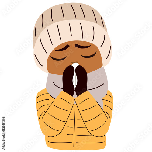 Cartoon vector illustration of a boy dressed in warm winter clothes blowing his nose, isolated on white background. Clip art for health education, cold and flu awareness