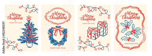 Christmas and Happy new year greeting vector card set, whimsical drawing Holiday Christmas decor element art vector illustration. Can be used for card, postcard, cover, banner etc	