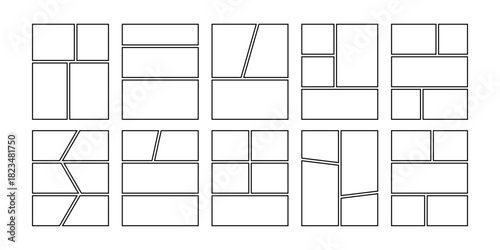 Comic book panels set. Manga collage blank template. Storyboard layout panel. Empty page line frame for photo collage. Comic book board mockup. Vector illustration isolated on white background.
