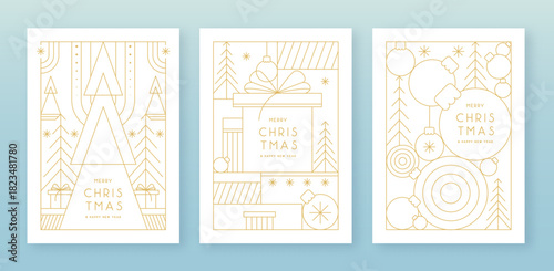 Set of modern Christmas frames or holiday greeting cards on white background. Line art vector illustration