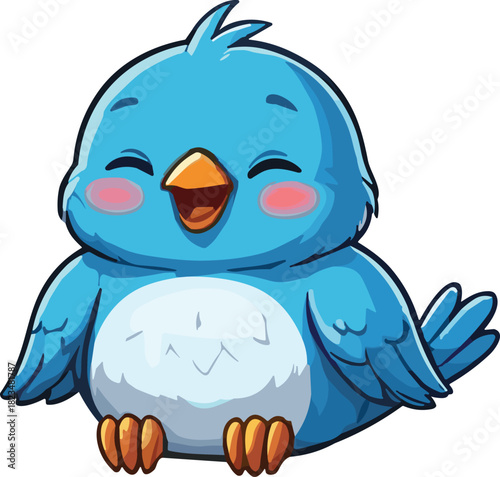 Cute cheerful blue cartoon bird sitting happily with closed eyes, blushing cheeks, rounded body, and bright beak in adorable illustration style.