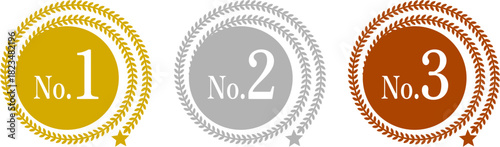ランキング1位2位3位 メダル風アイコンセット | 金銀銅の月桂樹と星の飾り付き 円形ベクター素材