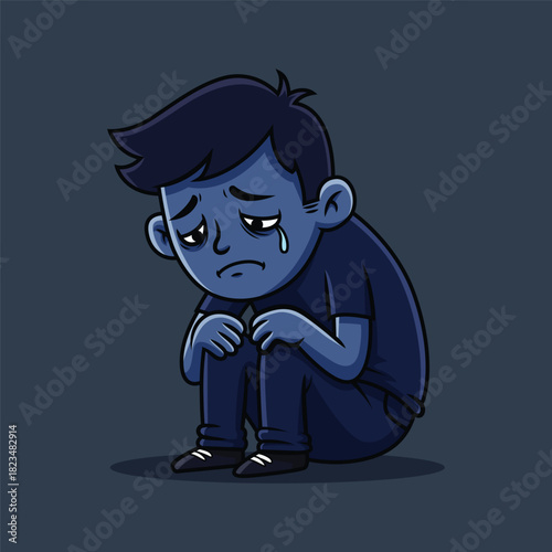 Sad Boy Crying Sitting Alone Dark Mood Illustration