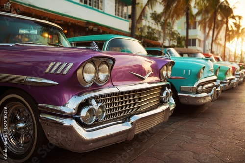 Vintage cars lined up along a vibrant street in a tropical setting during golden hour with palm trees swaying gently in the breeze
