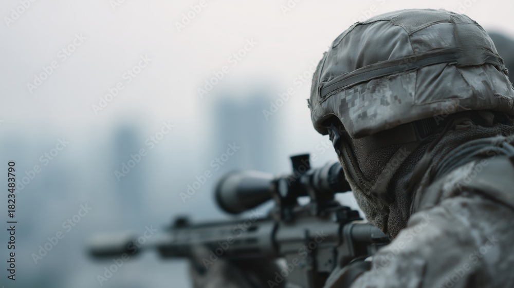 Naklejka premium Sniper military camouflage rooftop rifle urban battle tactical soldier focus military sniper camouflage uniform aims rifle from rooftop urban environment displaying intense focus and tactical