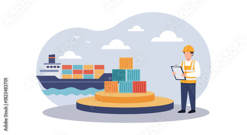 cargo inspection dock worker with clipboard inspecting cargo containers by a shipping freighter illustrating supply chain management efficiency