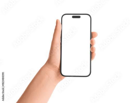 Woman holding modern mobile...