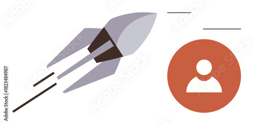 Rocket flying towards a user profile icon, representing development, growth, innovation, online progress. Ideal for concepts thumbs up success, technology, achievement, motivation ambition