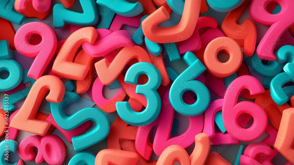 Fototapeta premium Colorful foam numbers scattered on a flat surface, showcasing a playful arrangement of digits and colors