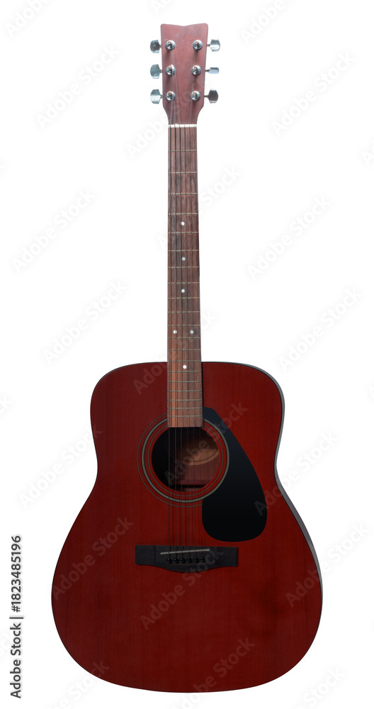 Obraz premium Classic acoustic guitar isolated on white with clipping path, showcasing its wood texture and clean craftsmanship perfect for music-themed content PNG File.