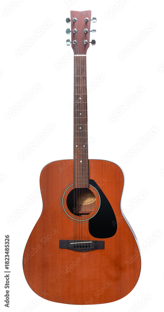 Obraz premium Classic acoustic guitar isolated on white with clipping path, showcasing its wood texture and clean craftsmanship perfect for music-themed content PNG File.