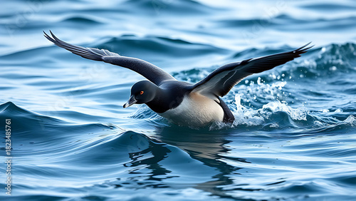 scoter. A black scoter duck dives in icy ocean water with wings partially spread, captured in motion. wildlife magazines, conservation campaigns, designed for wildlife conservation campaigns.