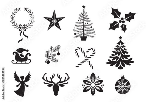 Christmas Silhouette Icon Set, Festive Holiday Vector Decorations.